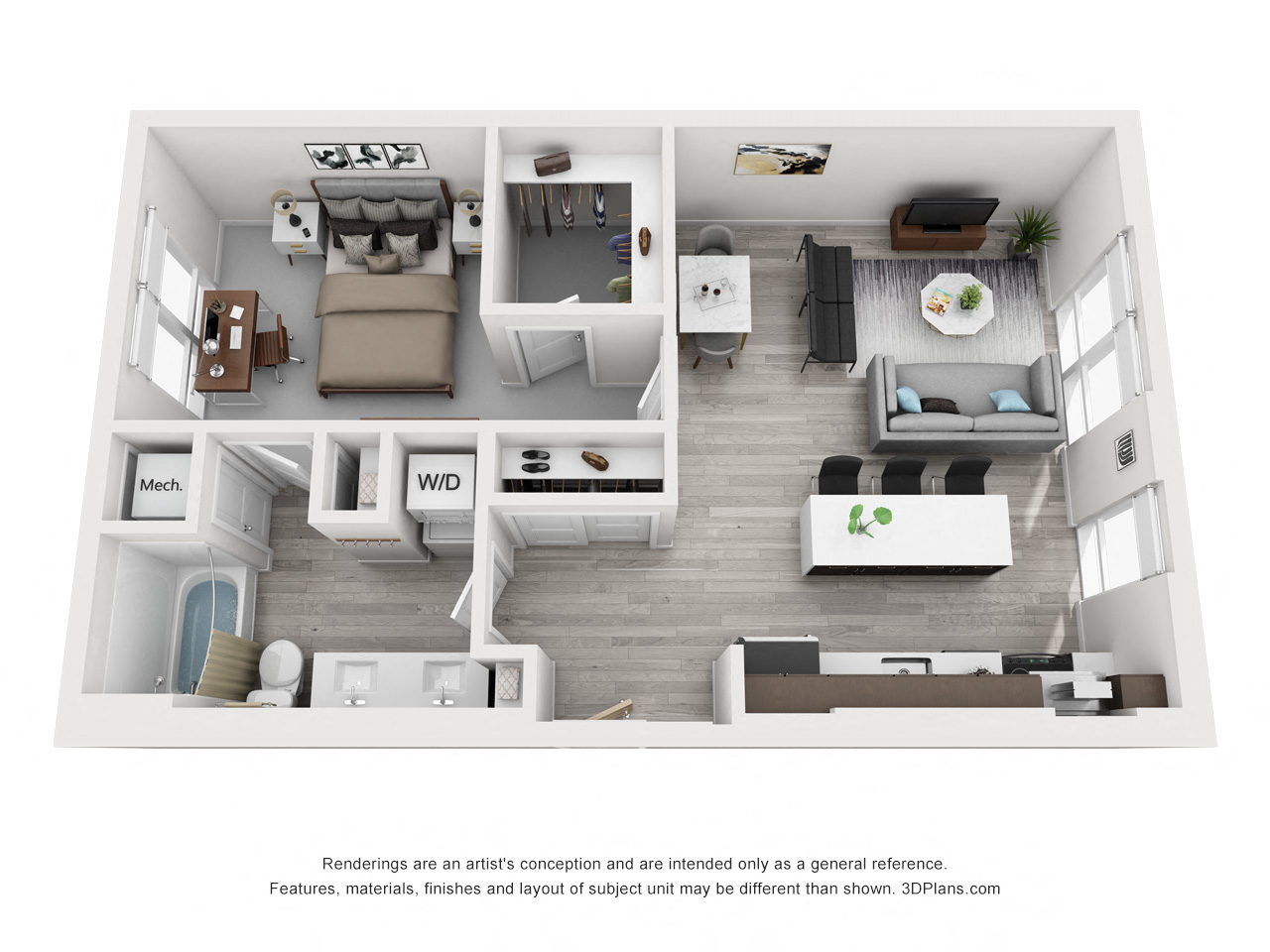 Floor plan for 1 bed, 1 bath, 728 sqft